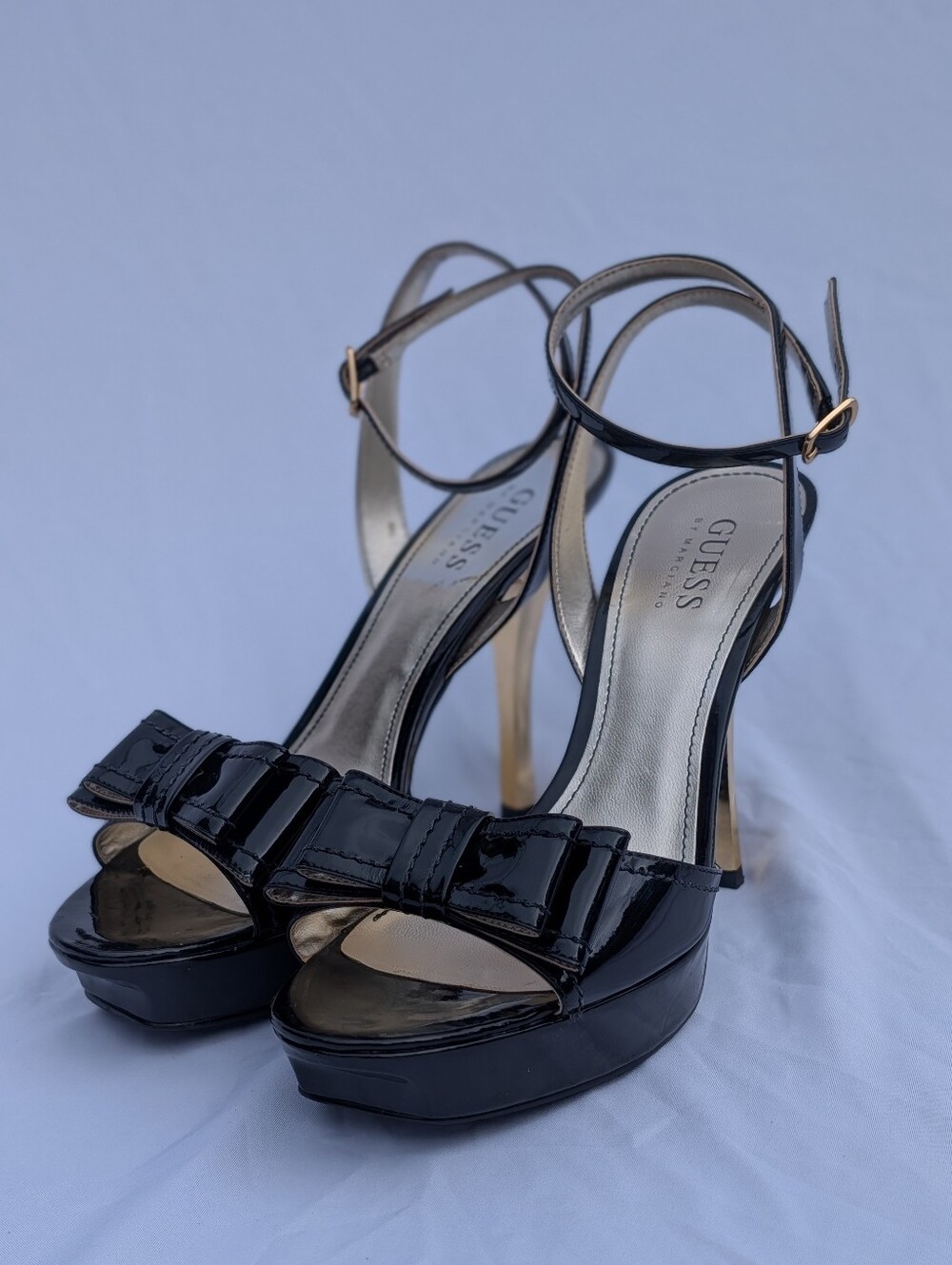 Guess By Marciano 4 Inch Black Patent Leather With Gold Accents Heels